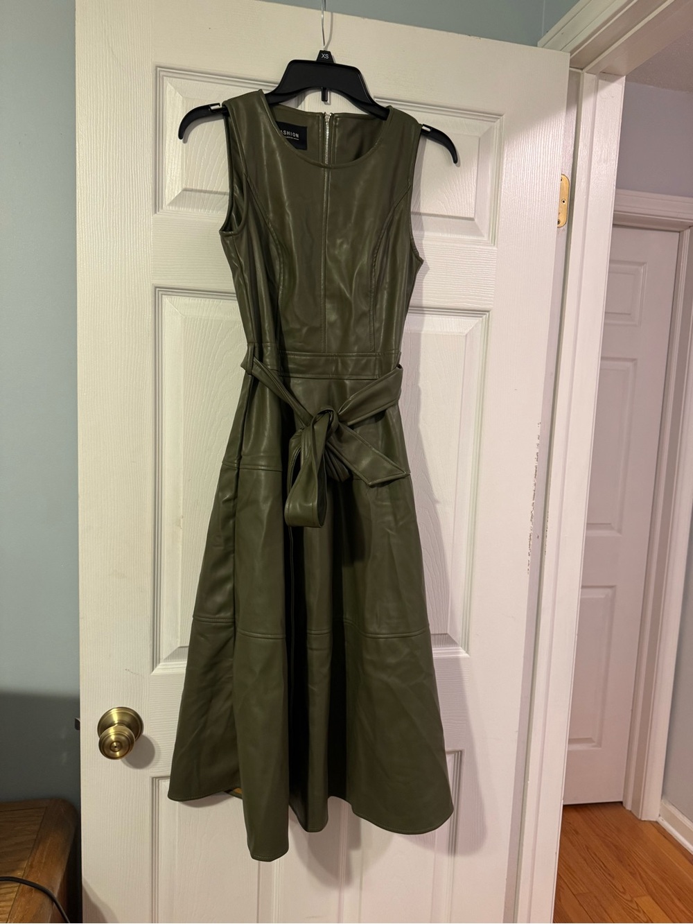 Sleeveless Olive Green Faux Leather Fit-and-Flare Dress with Tie Belt